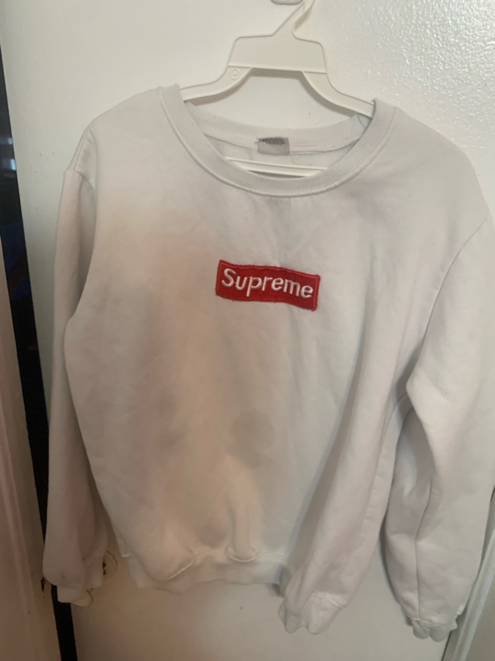 Supreme White Crewneck with Red Box Logo Patch